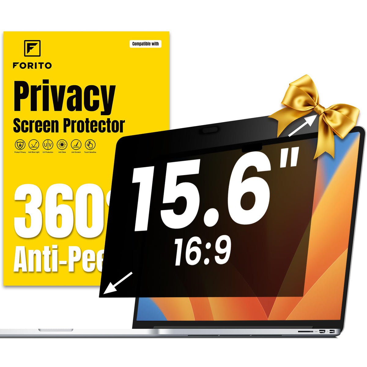 F FORITO 16 Inch 16:10 360° Laptop Privacy Screen Protector, Anti Peeping and Anti Glare Laptop Privacy Shield, Reduce Eye Strain & Eye Protection