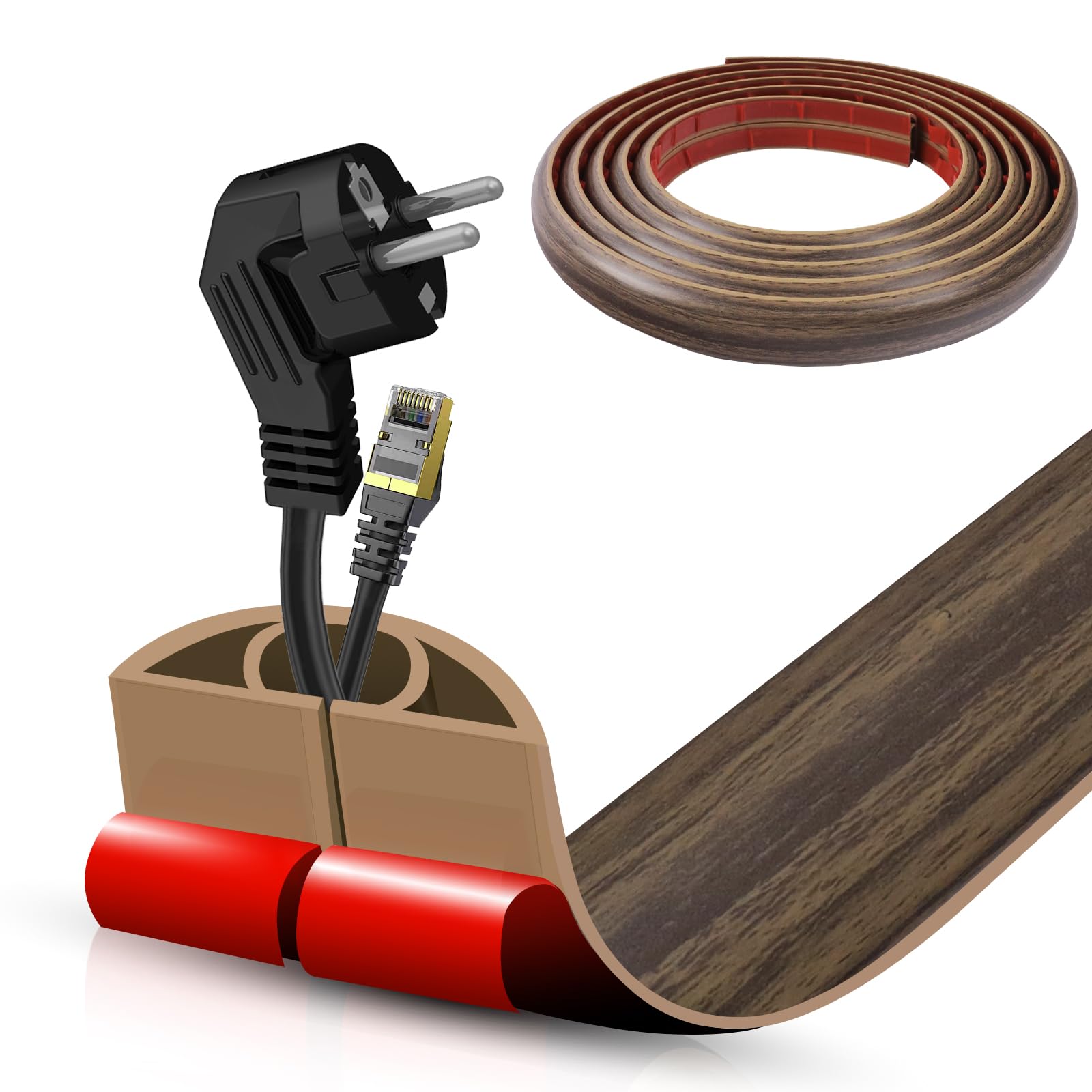 Floor Cord Cover Self Adhesive Cord Hider,10FT Cable Management, Extension Strip Protector for Wires, Prevent Cable Trips for Offices, Gyms, Exhibitions Cavity:0.51"(W) x 0.3"(H) Wood Walnut