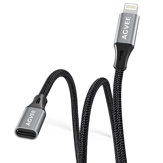 AGVEE 2 Pack 4 inch Lightning Extension Cable, Braided Female to Male Extender Full Function Cord Compatible with iPhone iPad, Data Sync Video Audio & Charging Connector Adapter, Dark Gray