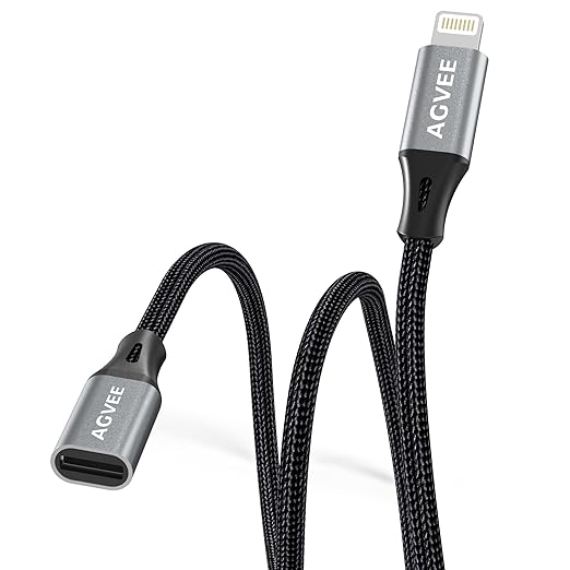AGVEE 4 inch Lightning Extension Cable, Braided Female to Male Extender Full Function Cord Compatible with iPhone iPad, Data Sync Video Audio & Charging Connector Adapter, Dark Gray