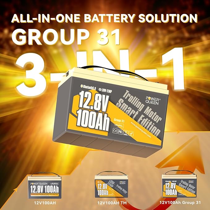 Power Queen 12V 100Ah Group 31 Battery Bluetooth 5.0, Deep Cycle LiFePO4 Battery Max. Output Power 1280W, 100A BMS with Low-Temp Cut-off Protection for RV, Trolling Motors, Solar System