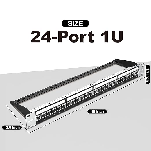 Jadaol 24 Port Shielded Patch Panel Rack or Wall Mount 19-Inch, 1U Cat6A Network Panel Preloaded with 24 Keystone Couplers Plus 1 Spare, 10Gbps Ethernet Panel with Cable Management & Back Support Bar