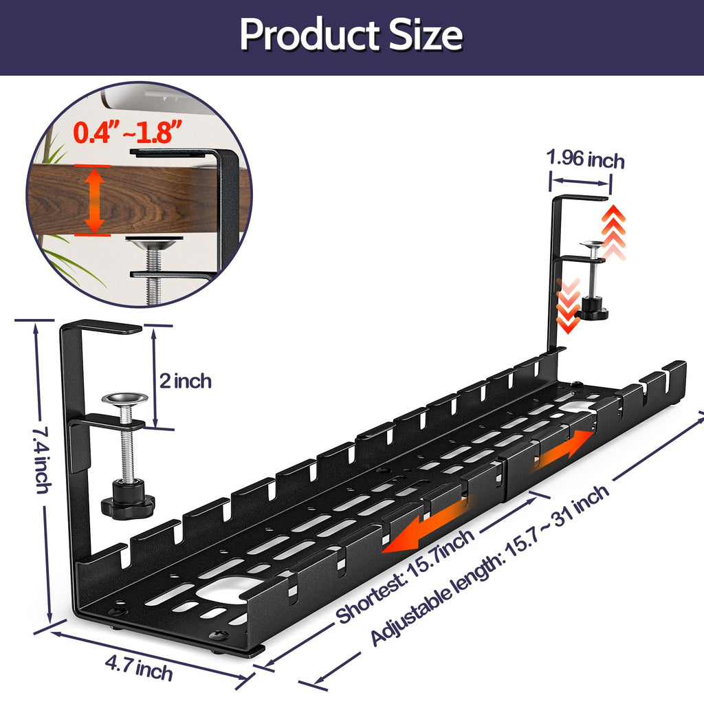 Shikha Cable Management Under Desk, 15.7"-31" Retractable Cable Management Tray, No Drilling Cord Organizer with Clamp for Desk, Under Table Wire Management Tray for Home Office