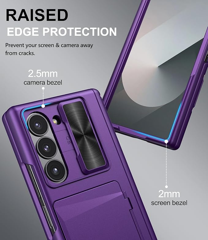 SIXBOX for Samsung Galaxy Z Fold 6 Case with Card Holder & Belt Clip & Slide Lens Cover, Built-in Hinge Protection & Screen Protector, Durable Wallet Phone Cover Case for Z Fold 6 5G 2024, Dark Purple