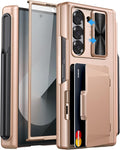 for Samsung Galaxy Z Fold 6 Case with Card Holder & S Pen Holder & Screen Protector & Slide Camera Protection & Hinge Protection, Shockproof Wallet Phone Case for Z Fold 6 5G 2024, Rose Gold