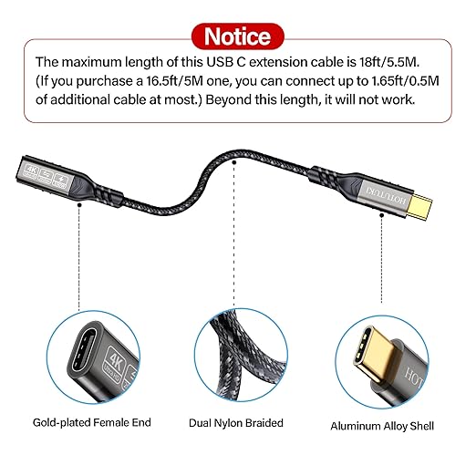 USB-C Extension Cable 16.5ft/5M, Male to Female Extender, Braided Data Cord, 100W PD Fast Charging, 20 Gbps