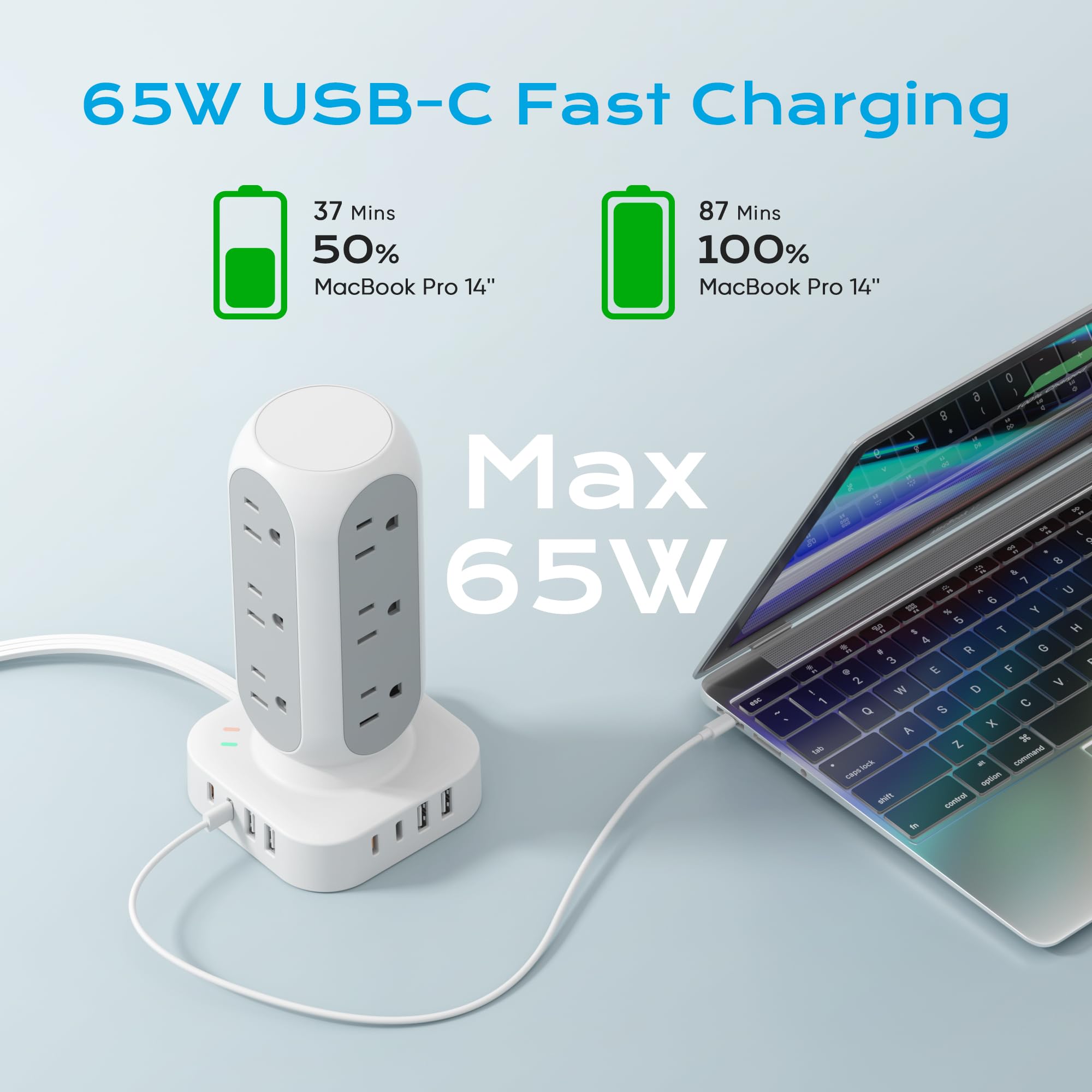Flat Plug Power Strip Tower, TenTrend 65W Max Charging Tower with 12 AC Outlets & 8 USB Ports (4 USB C), 82W Total Fast Charging Station, 10FT Extension Cord for Desk Office Dorm Room