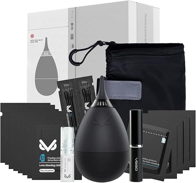 VSGO Professional Lens Cleaning Kit with Air Blower Folding Pouch Microfiber Lens Cloth Wet Wipes Lens Cleaner Metal Brush Cotton Swab Compatible for Optical Camera Lens Phone Laptop Cleaning(VS-A2E)
