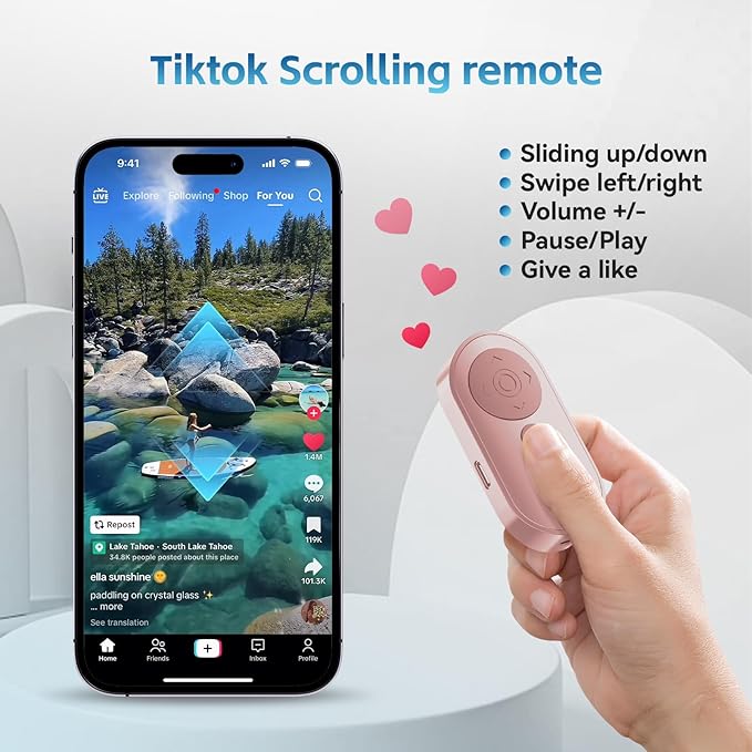 Bluetooth Camera Remote Shutter with Zoom and Front/Rear Camera Switch for Photo and Vlogging,Cllphone Remote Clicker for iOS & Android Smartphone, Wireless Video Scrolling for Tiktok
