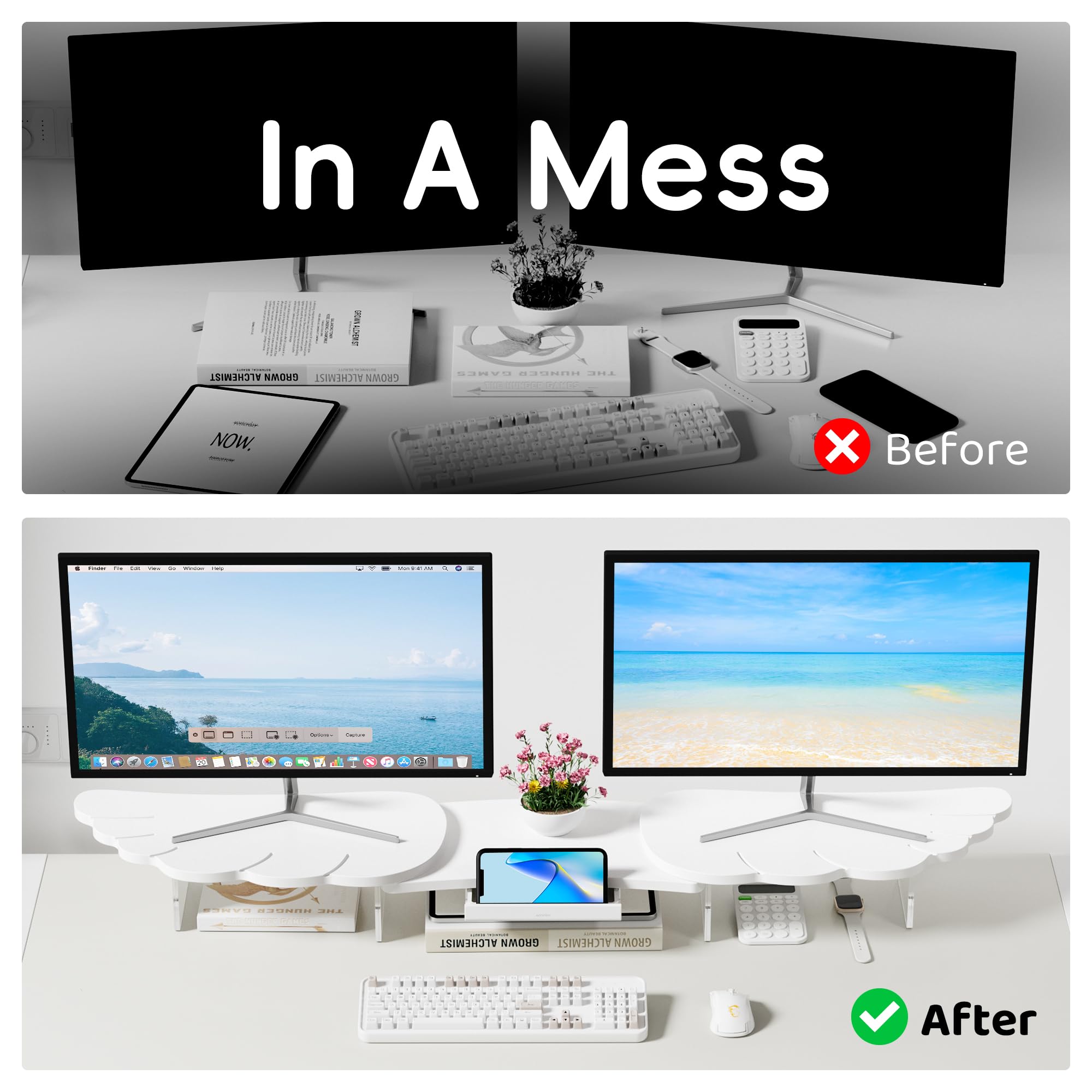 AFOOYO Dual Monitor Stand Riser, Wing-Shaped Sturdy Desktop Wood Stand for 2 Monitors, White Riser for Laptop, PC, Computer