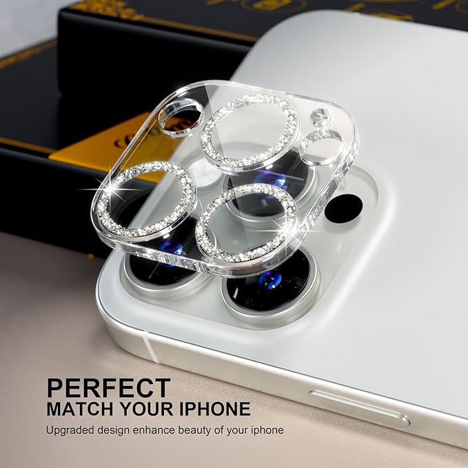 beuxece for 6 Pack iPhone 16 Pro/iPhone 16 Pro Max Camera Lens Protector [Drop Protection] [Case Friendly] [Easy Installation] 9H Tempered Glass Camera Screen Protector Cover, Glitter Silver