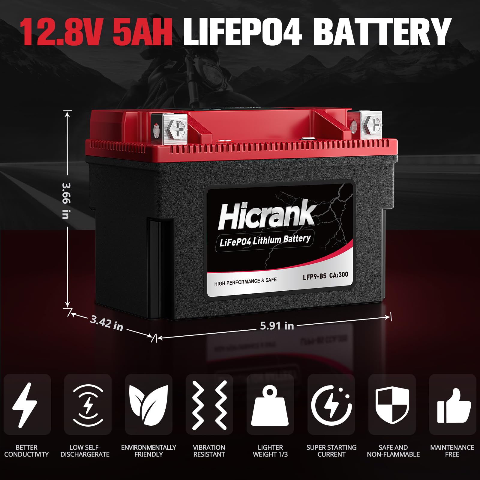 Hicrank LFP9-BS, 300 CCA, 5Ah, Lithium LiFePO4 Motorcycle Battery, 300 CCA, Digital SOC, IP66 for Ninja 400 Z650 Honda CBR600F4i KTM Duke 390 Suzuki GSX-R600 GSXR750 Predator 500 Replaces YTX9-BS