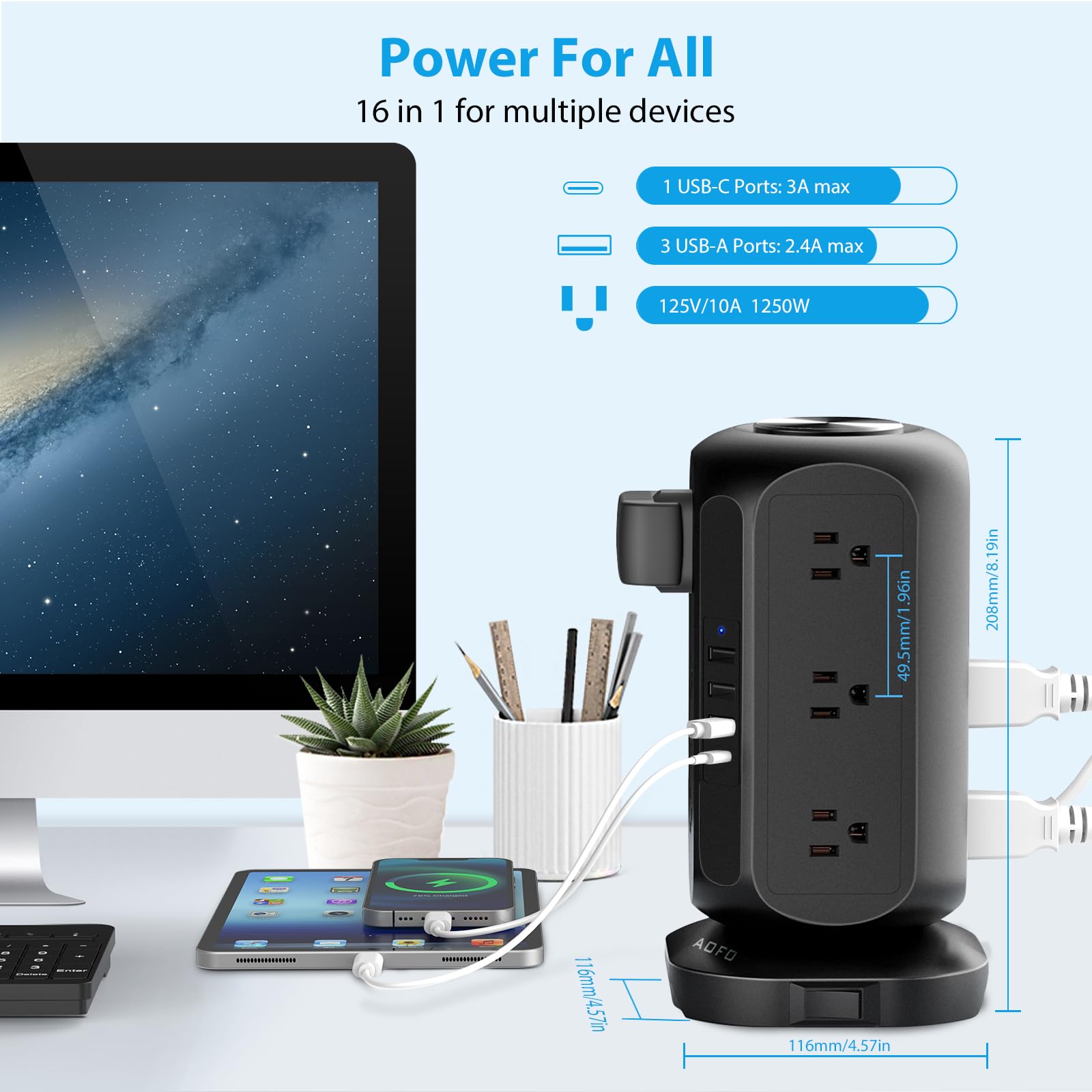 Power Strip Tower AOFO 12 AC Outlets with 4 USB(1 USB C) Ports Charging Station with Overload Protection, Widely Spaced Multiple Outlets with 10Ft Extension Cord for Home,Dorm & Office