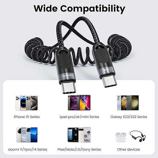 Coiled USB C to USB C Cable 2Pack 3FT Braided Retractable Fast Charging Cable for Car, Compatible with iPhone 16/15 Pro Max/Galaxy S24/S23/S22, Supports Car Play & Android Auto-Black