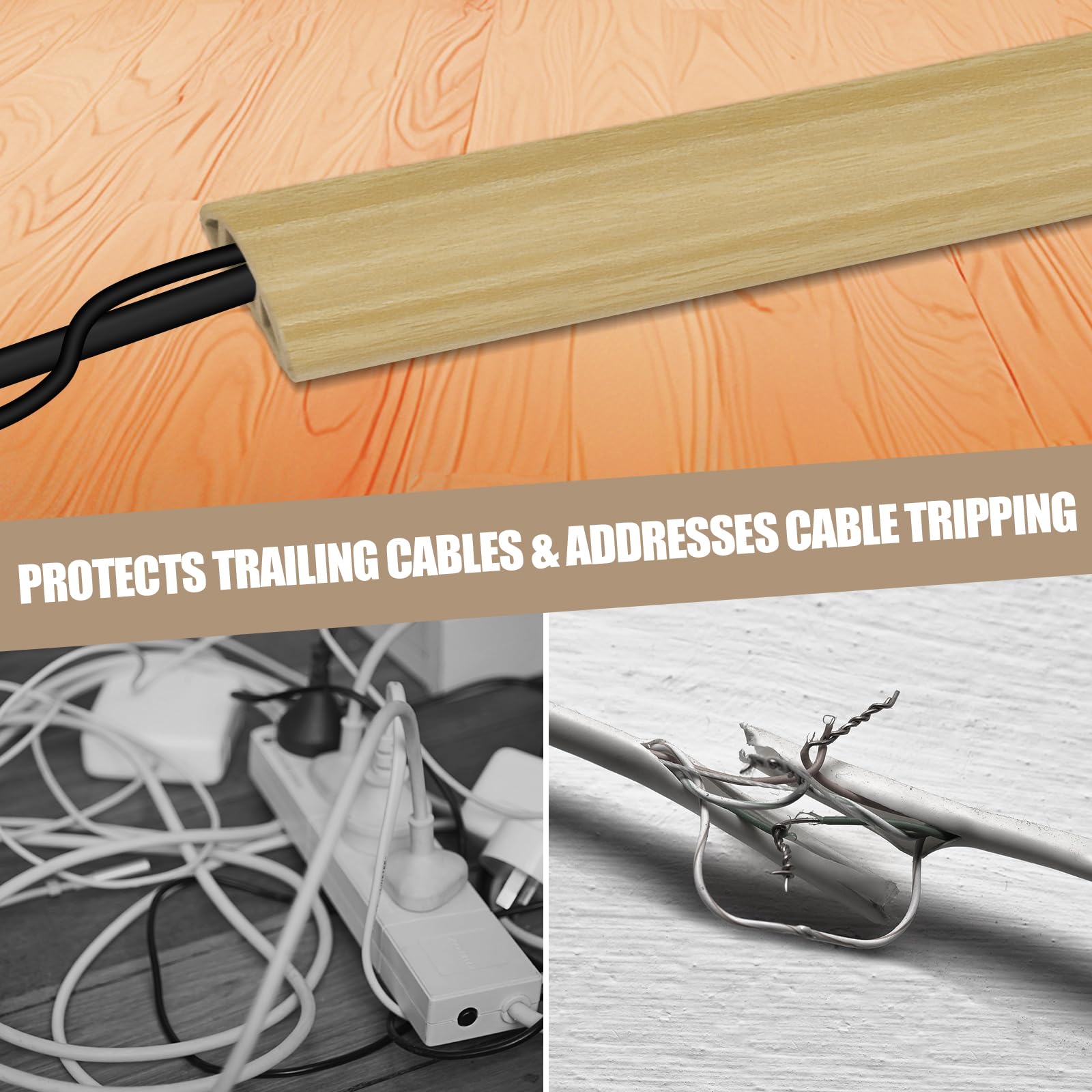 Floor Cord Cover Cavity 0.8"x0.37" Self Adhesive Cord Hider, 3.3FT Low Profile Cable Management, Extension Strip Protector for Wires, Prevent Cable Trips for Offices, Gyms (Wood Light Yellow)