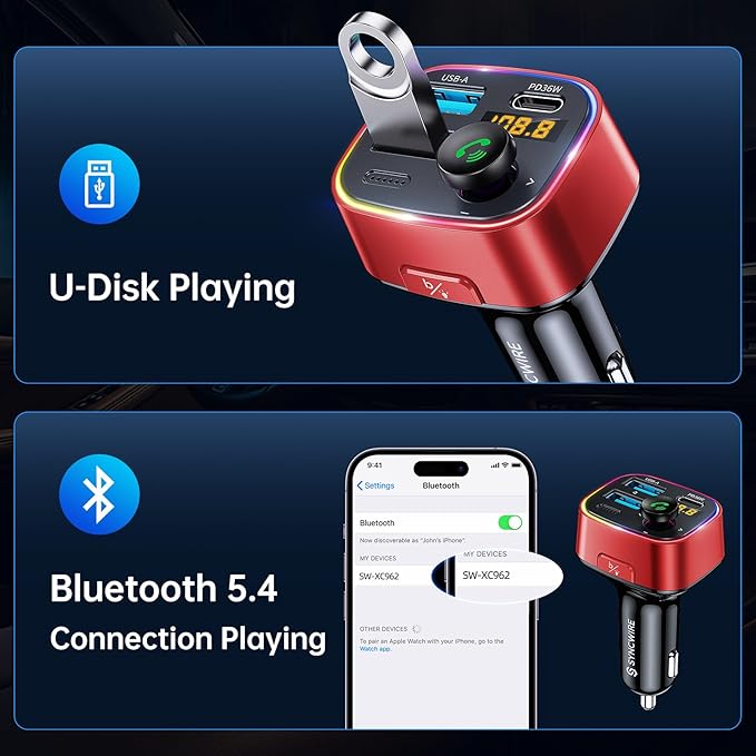 Syncwire Bluetooth 5.4 FM Transmitter Car Adapter 48W (PD 36W & 12W) [Light Switch] [Hi-Fi Deep Bass] [Fast Charge] Wireless Radio Music Adapter LED Display Hands-Free Calling Support USB Drive, Red