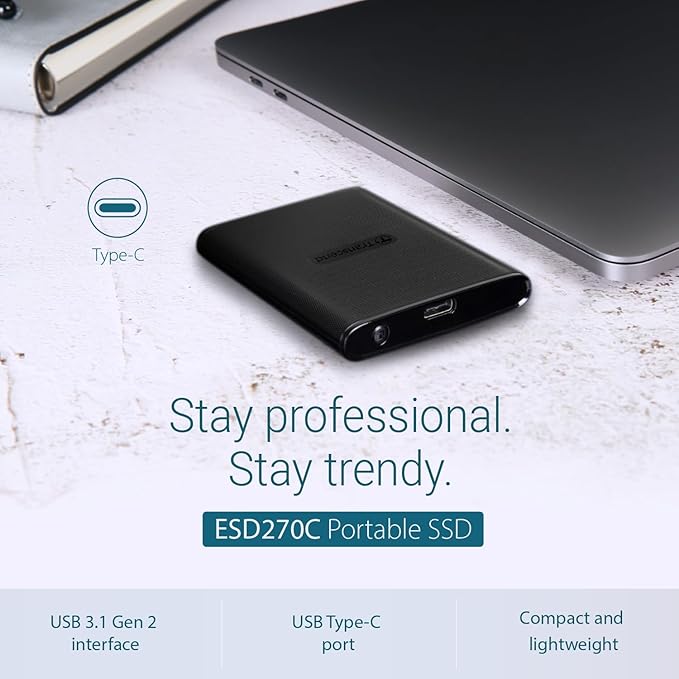 Transcend 250GB External SSD for iPhone/iPad/Mac/Windows/Android, PC/Laptop/Tablet/TV/Game Console, Portable Solid State Drive with One Touch Back up, One-Time Password Unlock, Type-A&Type-C Cables