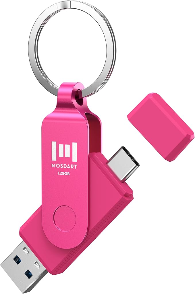 MOSDART 128GB USB3.1 Fast Speed C and A Dual Flash Drive, exFAT Memory Stick with Keychain and LED Indicator, for iPhone 15 and 16, Android Phone, iPad, MacBook, and Other Laptops, Hot Pink