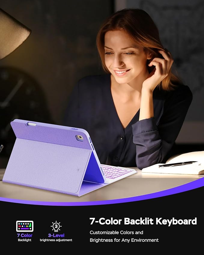 Keyboard Case for iPad 9th 8th 7th Generation 10.2" - 7 Colors Backlit Detachable Folio Keyboard Cover with Pencil Holder for iPad Pro 10.5" / iPad Air 3rd Gen (Purple)
