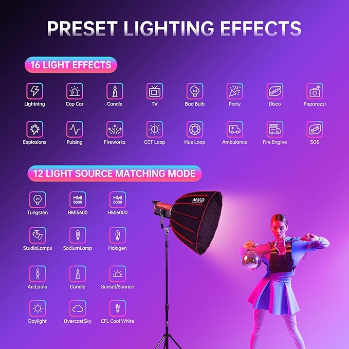 GVM RGB 300W Video Light Kit with Parabolic Softbox and Stand, Photography Lighting for Camera Studio Recording with Bowen Mount, COB Film Light with APP&DMX, Aluminum Alloy, 2000-10000K, CRI 97+
