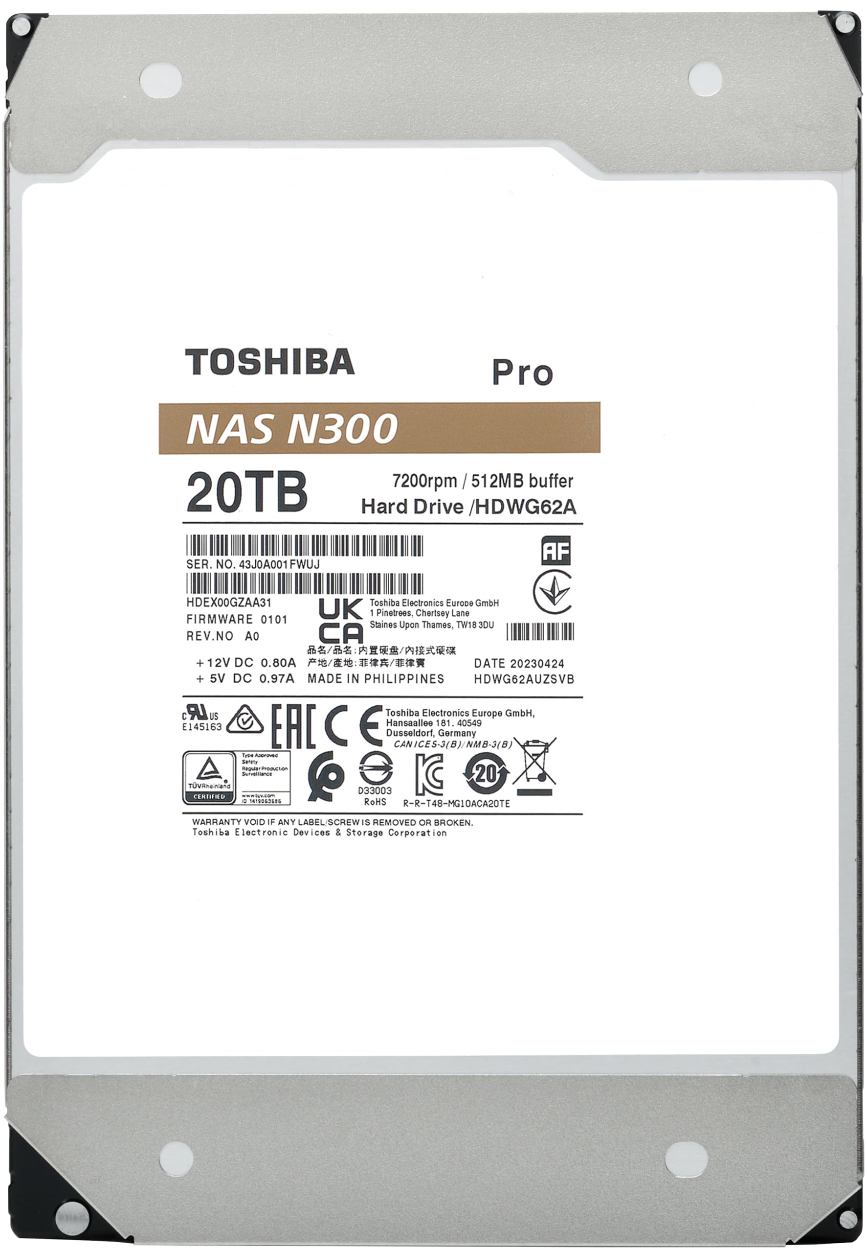 Toshiba N300 PRO 20TB Large-Sized Business NAS (up to 24 Bays) 3.5-Inch Internal Hard Drive - Up to 300 TB/Year Workload Rate CMR SATA 6 Gb/s 7200 RPM 512 MB Cache - HDWG62AXZSTB