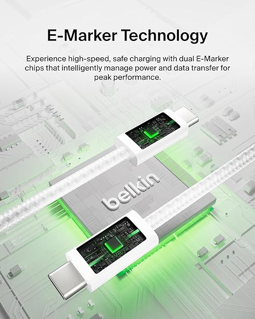 Belkin USB C to USB C Cable, 6.6ft, 240W - Type C Charger, iPhone Charger Cord, Soft, Braided, Flexible for iPhone 17, Galaxy S25, Pixel 10, MacBook, Chromebook, iPad Pro, Switch Steam Deck – White