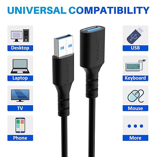 3 Pack USB 3.0 Extension Cable 2 FT, Short USB A Male to Female Extender Cord, 5Gbps Data Transfer for Webcam, Printer, Keyboard, Flash Drive, Hard Drive, Controller, Black Cable with 5 Cable Ties