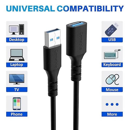 3 Pack USB 3.0 Extension Cable 15 Feet, USB A Male to Female Extender Cord, 5Gbps Data Transfer for Webcam, Printer, Keyboard, Mouse, Flash Drive, Hard Drive, Controller, Black Cable with 5 Cable Ties