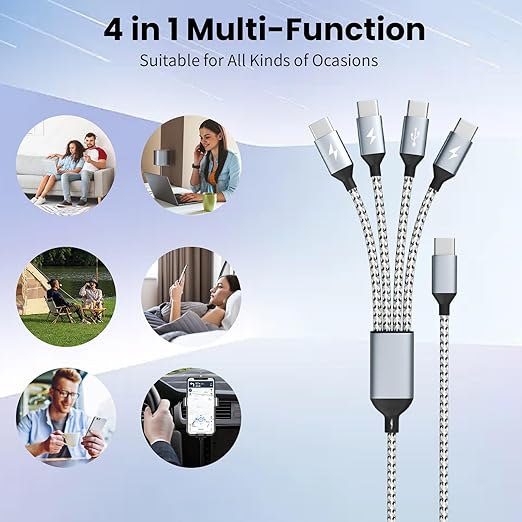 USB C Multi Charging Cable, Dual Type C Cable 1Pack 5FT, USB C Splitter with 4 Type-C Connectors,4 in 1 Multiple Nylon Braided Cable Compatible with iPhone 15 Pro Max/Samsung Galaxy/Tablets/Google.