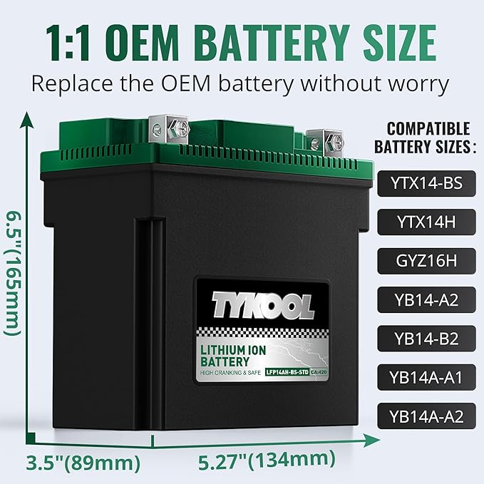 TYKOOL YTX14AH-BS-STD, LiFePO4 Lithium Motorcycle Battery,12.8V 7Ah,420CCA,5X Longer Life,Digital Readout, Powersports Battery,Fits for ATV, UTV, Scooter, Snow mobile,Polarity:[+ -]