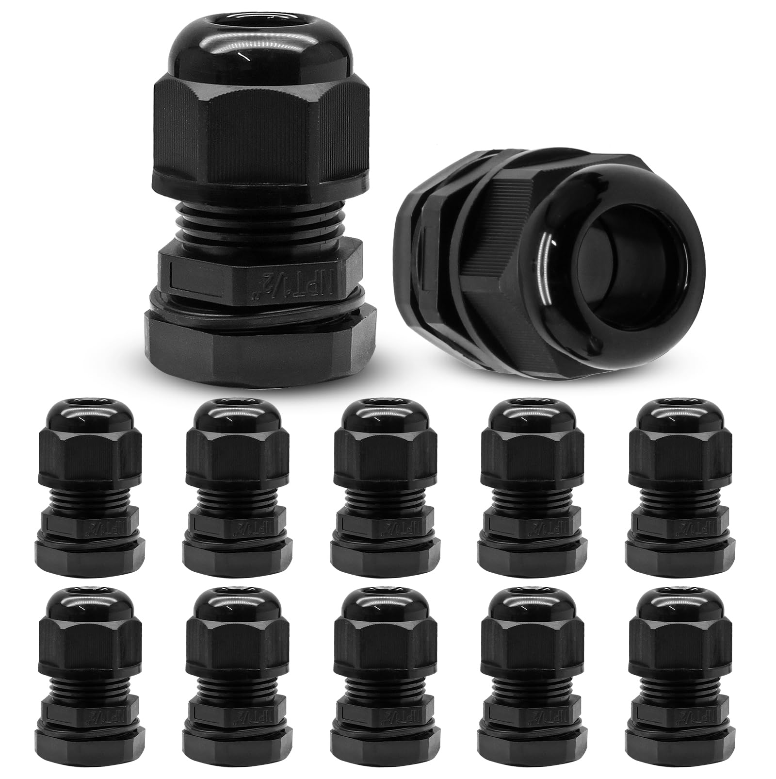 Kyuionty 12 Pcs 1/2" NPT Nylon Cable Glands, Black Cable Cord Connector