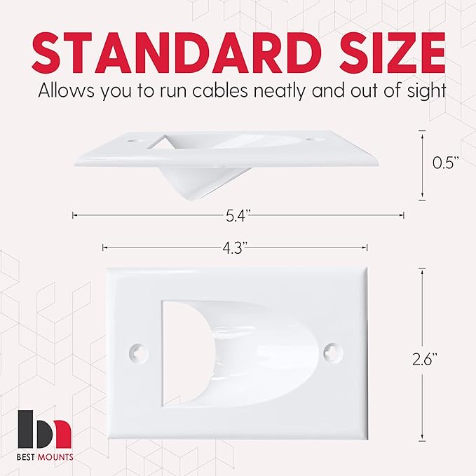 BestMounts - 4 Pack Inner Nose Behind Wall Cable Management TV Cord Hider for Wall Mounted TV - Single Gang Low Voltage Recessed Wall Plates Cable Pass Through for Wires, HDTV, HDMI (White)