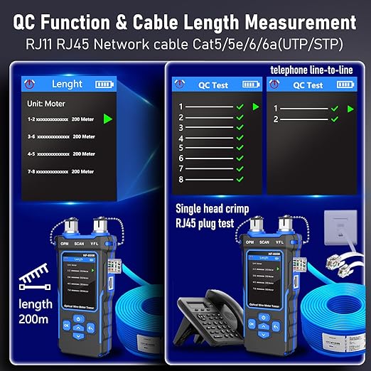 NOYAFA NF-8508 Network Cable Tester with 7 wavelength Optical Power Meter VFL,RJ11 RJ45/PoE Tester/CAT5 CAT6/NCV with 10mw Visual Fault Locator,Network Tool with Lithium Battery