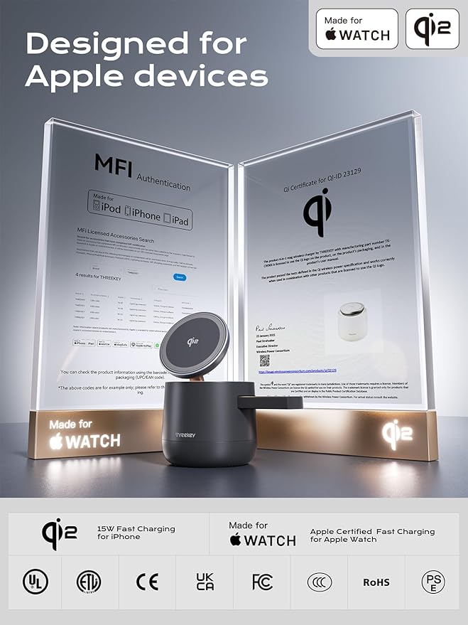 MFI Certified by Apple, 4 in 1 Magsafe Wireless Charging Station, Qi2 15W Magsafe Charger for iPhone 17/16/15/14/13/12 Series, iWatch, Airpods, iPad, 65W Charger Included (Black, 4 in 1)