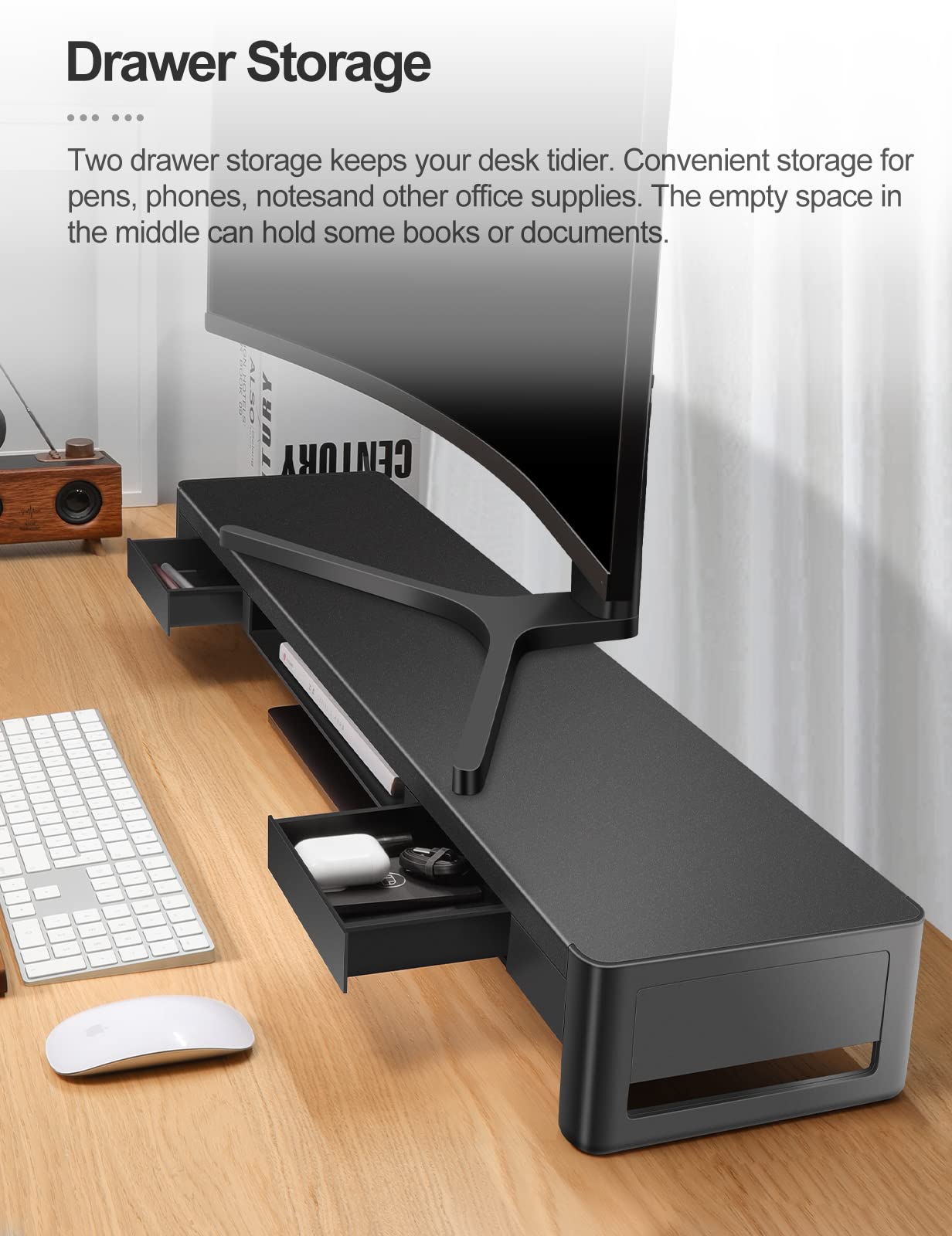 meatanty Dual Monitor Stand Riser with 2 Storage Drawers, Metal Computer Monitor Stand Monitor Shelf with Pull Out Drawer, Keyboard and Mouse Storage Desktop Organizer for PC,Laptop,iMac,TV,Printer