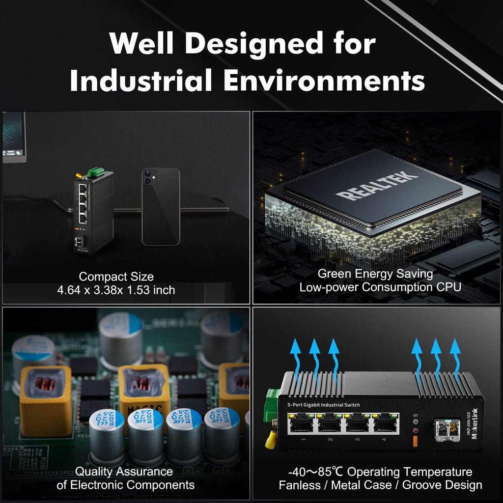 MokerLink 5 Port Industrial DIN-Rail Network Switch, 4 Gigabit Ethernet, 1 SFP, 14Gbps Switching Capacity, IP40 Rated (-40 to 185F), With UL Power Supply