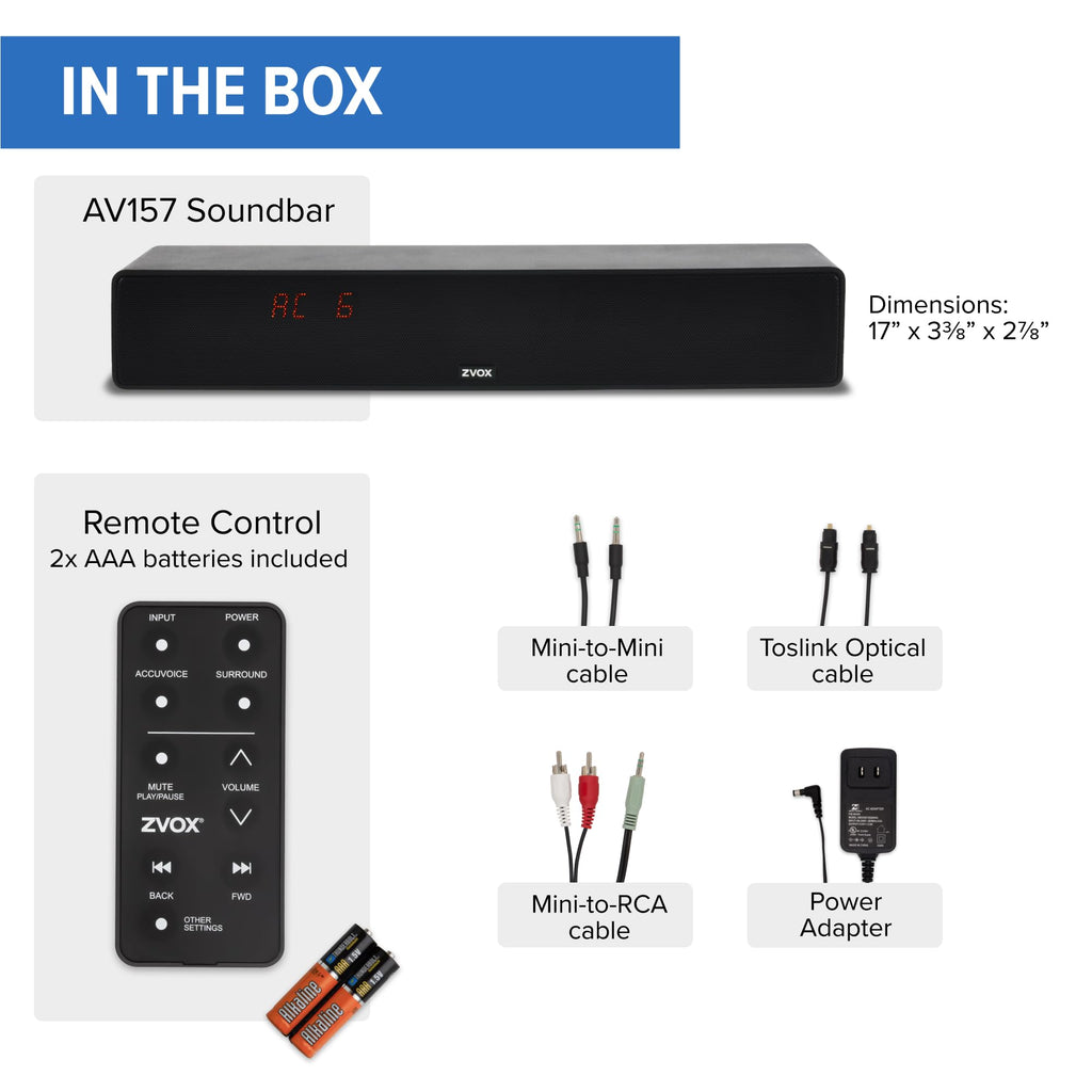 ZVOX Dialogue Clarifying Sound Bar With Patented Hearing Technology - AccuVoice TV Soundbar AV157 Titanium - Twelve Levels of Voice Boost - Home Theater Audio Speakers