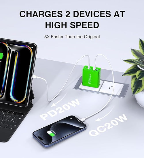 2 Pack 60W USB C Fast Charger Block,5-Port Type C Wall Charger Brick,2 USB A & 3 USB C PD3.0 Power Adapter Multiport Charging Plug Box for iPhone 13/14/15/16/17,Pad Mini/Pro, Cellphones(Green)