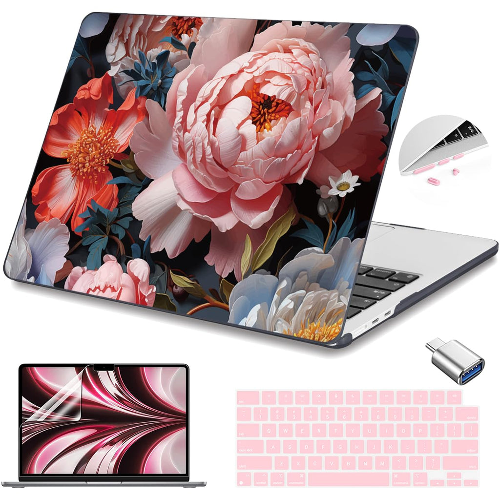 Teryeefi Compatible with MacBook Air 13.6 inch Case M2 M3 M4 M5 Release 2022 2023 2024 2025 2026,Model A3449 A3240 A3113 A2681,Design Slim Cover+Keyboard Cover+OTG Adapter, Colorful Peonies