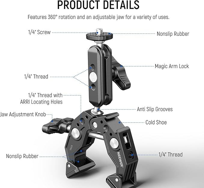 NEEWER Super Clamp with 3" Dual Ballhead Magic Arm, Cold Shoe, 1/4" Threads, Phone/Action Camera Mount Adapter for Desk Tripod Tube Crossbar Gimbal Rods Compatible with SmallRig GoPro DJI, ST83