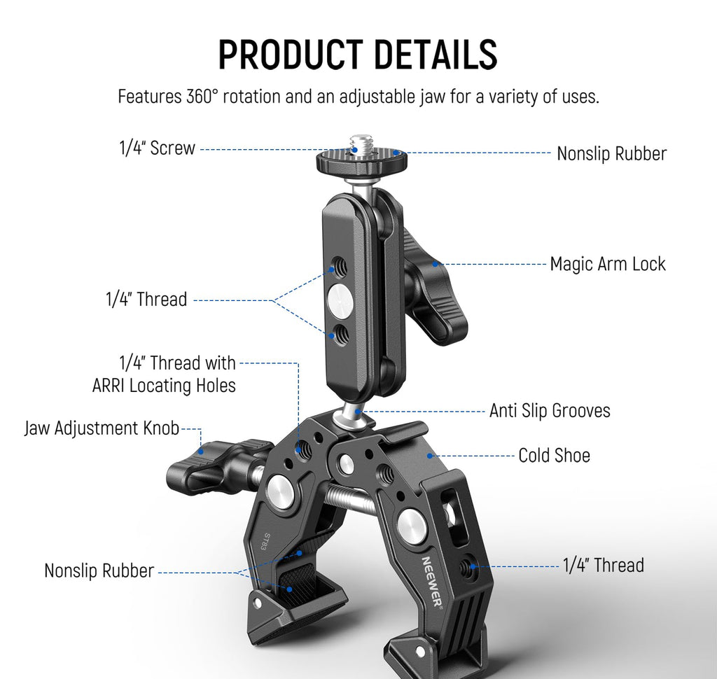 NEEWER Super Clamp with 3" Dual Ballhead Magic Arm, Cold Shoe, 1/4" Threads, Phone/Action Camera Mount Adapter for Desk Tripod Tube Crossbar Gimbal Rods Compatible with SmallRig GoPro DJI, ST83