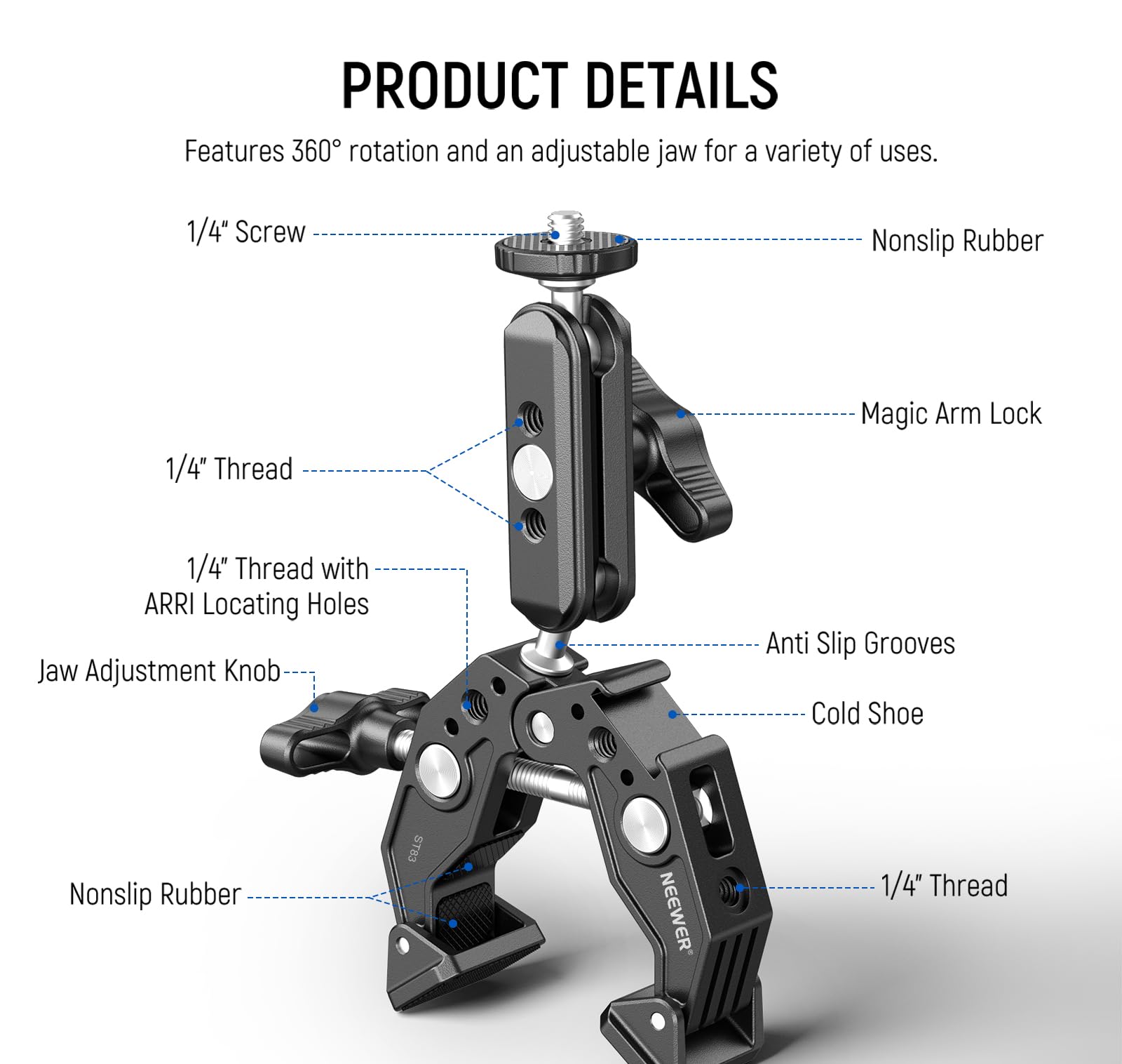 NEEWER Super Clamp with 3" Dual Ballhead Magic Arm, Cold Shoe, 1/4" Threads, Phone/Action Camera Mount Adapter for Desk Tripod Tube Crossbar Gimbal Rods Compatible with SmallRig GoPro DJI, ST83