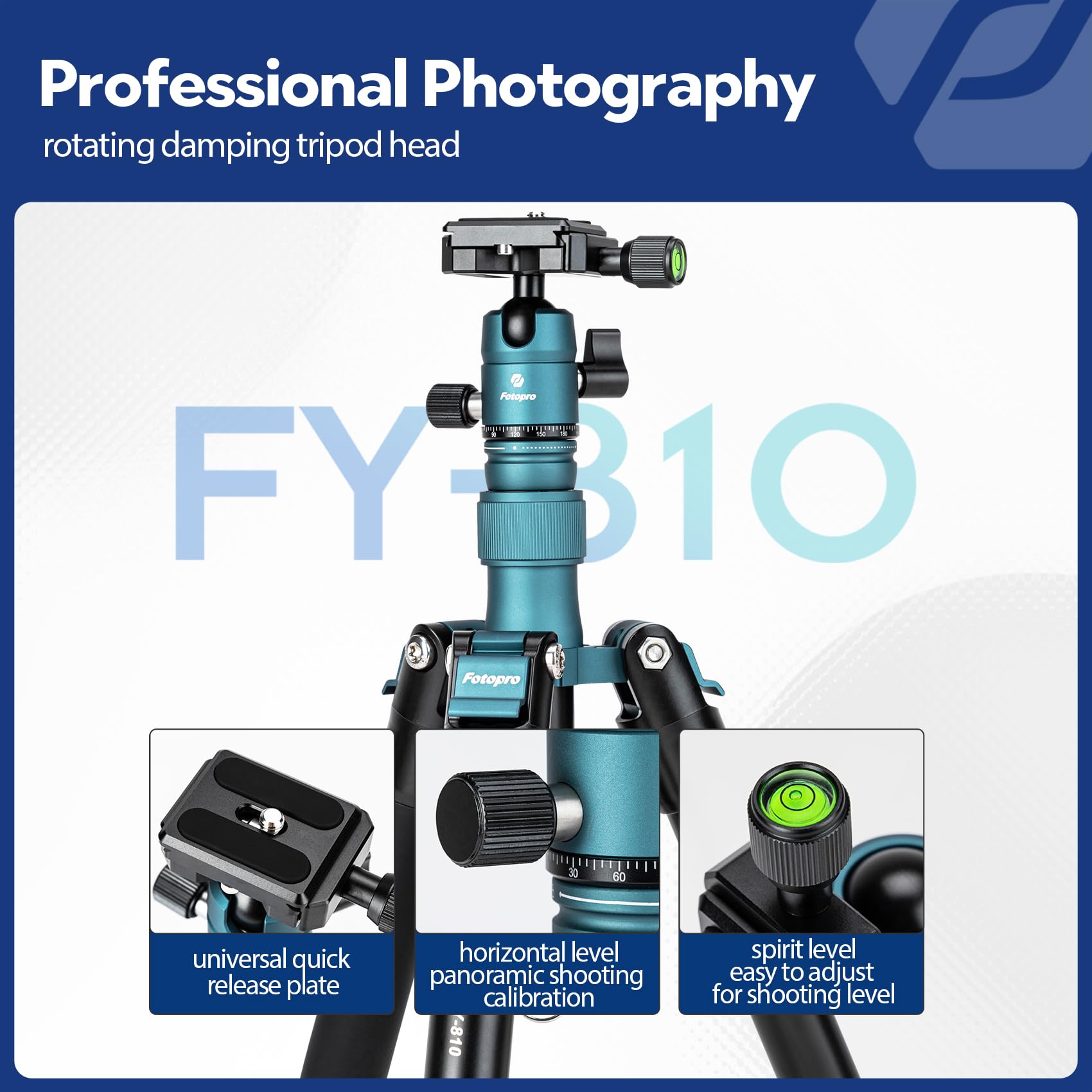 Fotopro Mini Tripod with Ball Head Phone Mount Detachable Selfie Stick Folded only 8.6" Max Load up to 6.6 lbs FY-810 Blue