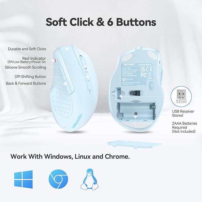 TECKNET Wireless Mouse, 2.4G Ergonomic Optical Mouse, Computer Mouse for Laptop, PC, Computer, Chromebook, Notebook, 6 Buttons, 24 Months Battery Life, 4000 DPI, 6 Adjustment Levels
