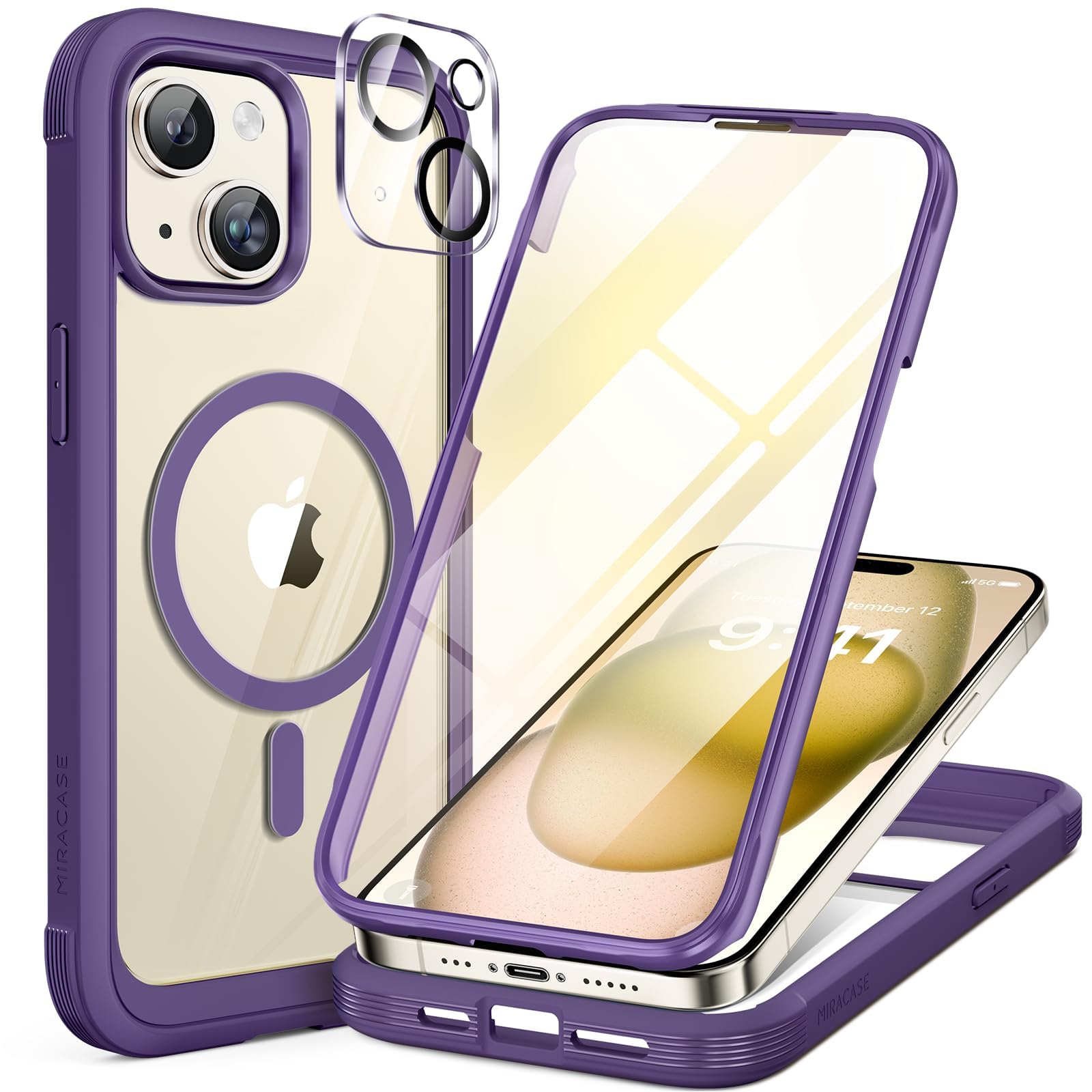 Miracase for iPhone 13 Case 6.1'',Full-Body Magnetic Clear Bumper Case with Built-in 9H Tempered Glass Screen Protector,Military Drop Protection Outdoor Phone Case — iPhone 15