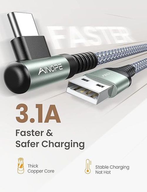AINOPE Type C Cable [3-Pack, 6.6FT] Right Angle, 3.1A USB Type C Cable Fast Charging, Nylon Braided Type C Charging Cable Fast Charger Compatible with Samsung Galaxy S10 S9 S8 S20 Plus, Note 10 9 8