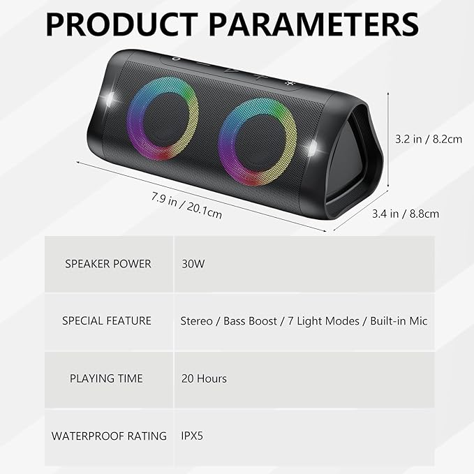 DONOW Portable Bluetooth Speaker with Lights, 30W Stereo Sound, Bass Boost, IPX5 Waterproof, 20H Playtime, Built-in Mic, Speakers Bluetooth Wireless for Home, Party, Outdoor, Travel(Black)