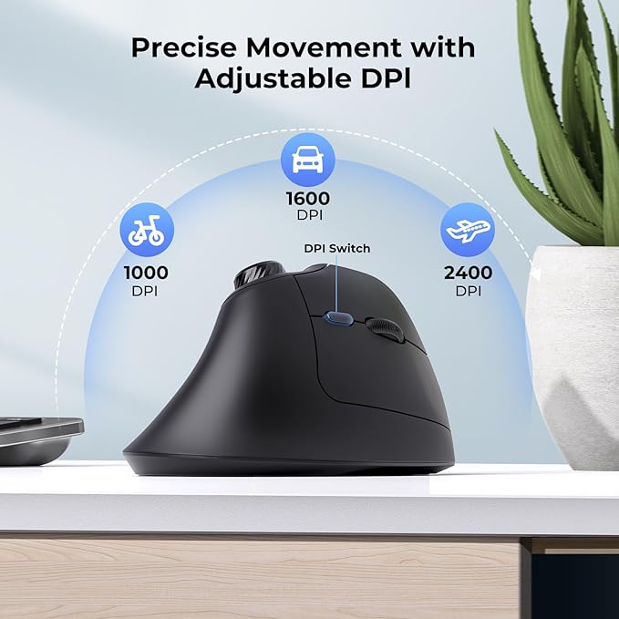 seenda Ergonomic Mouse Rechargeable, USB+Dual Bluetooth, MOU-302 Vertical Wireless Mouse with Volume Knob, Quiet Clicks, Multi-Device Cordless Mice Compatible for Windows, PC, Laptop, Mac OS, Black