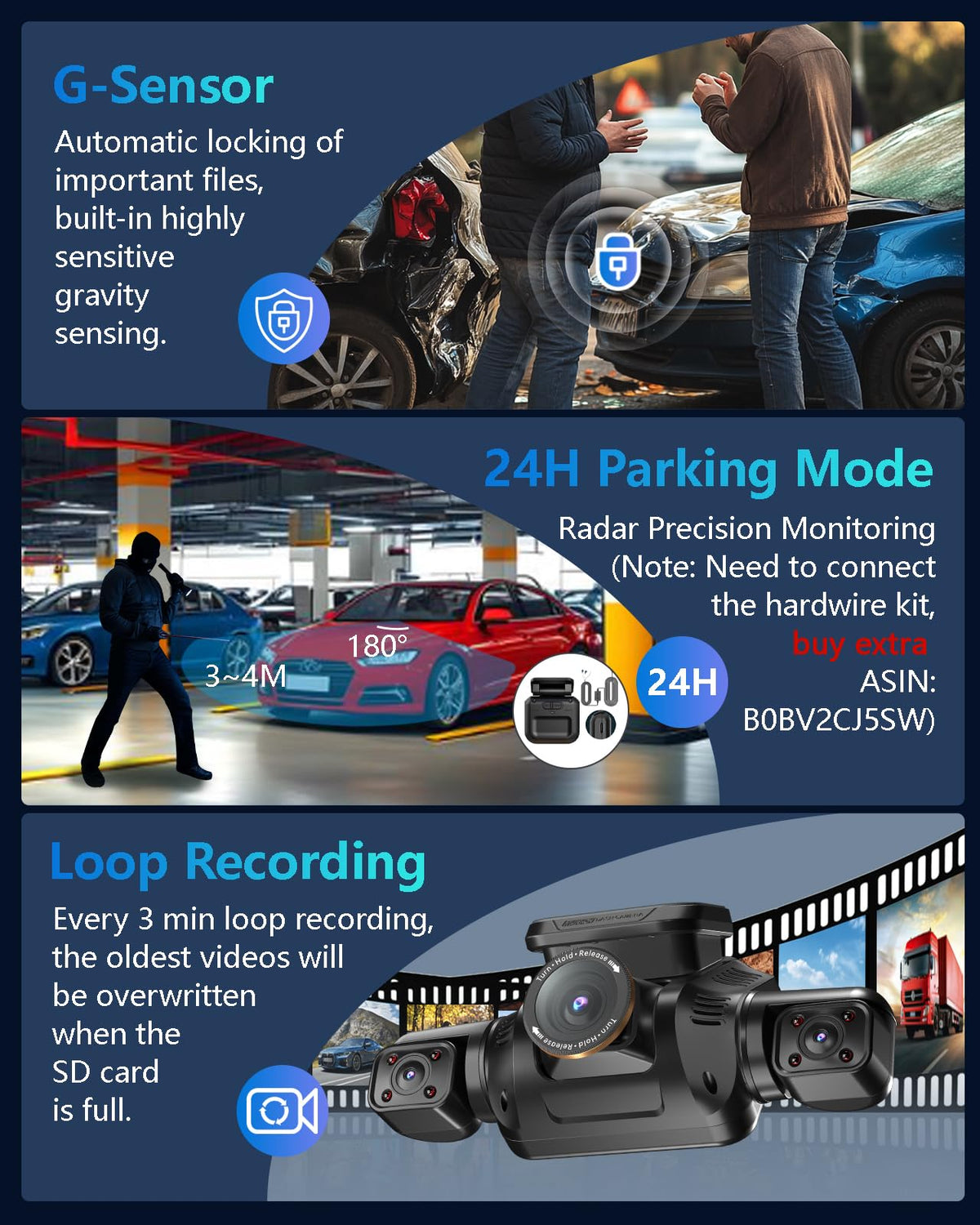 HUPEJOS AI 4K Dash Cam Front and Rear, 4 Channel 360° View Camera for Car