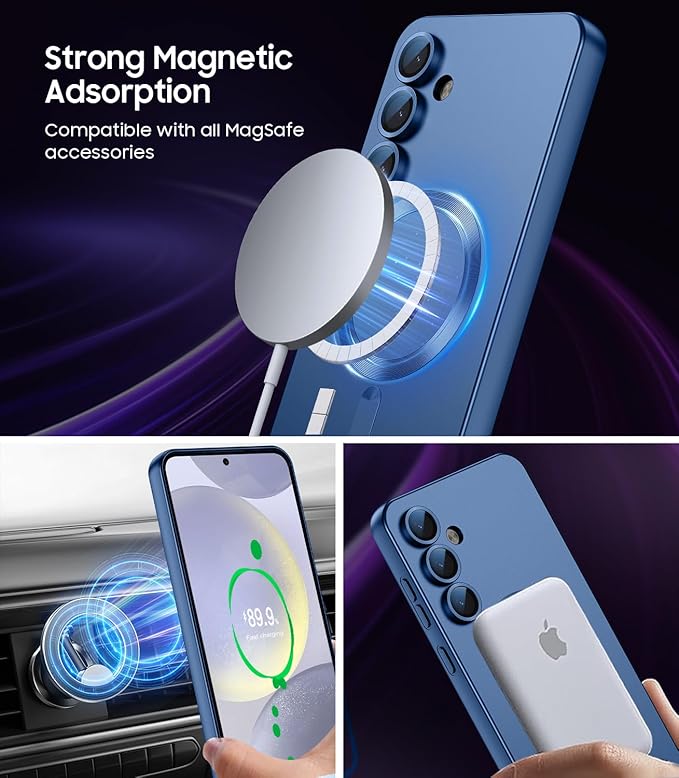 Magnetic for Samsung Galaxy S24 Case [Compatible with MagSafe][Built-in Camera Lens Protector] Slim Soft Silicone Bumper Shockproof Metallic Luster Phone Case (Blue)